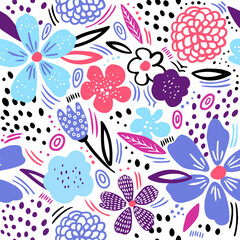 Colorful flowers flat hand drawn vector seamless pattern. Naive inflorescences, leaves. Decorative blossom, blooming vintage backdrop. Wrapping paper, textile, white background retro color design.