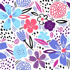 Foto auf Leinwand Colorful flowers flat hand drawn vector seamless pattern. Naive inflorescences, leaves. Decorative blossom, blooming vintage backdrop. Wrapping paper, textile, white background retro color design. © Marina