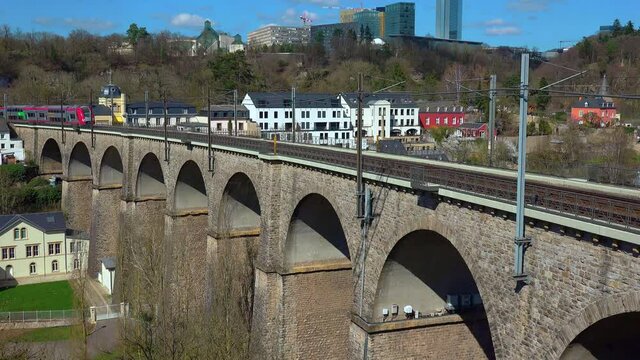 WS Train on railway viaduct in urban district of Clausen / Luxembourg City, Grand Duchy of Luxembourg, Luxembourg