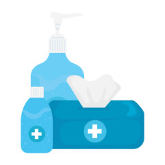 Hands sanitizer bottle and tissues box design, Disinfects clean antibacterial and hygiene theme Vector illustration