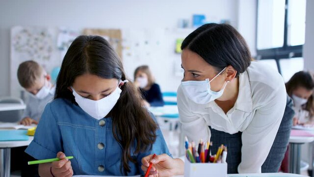 Teacher and children with face mask back at school after covid-19 quarantine and lockdown.