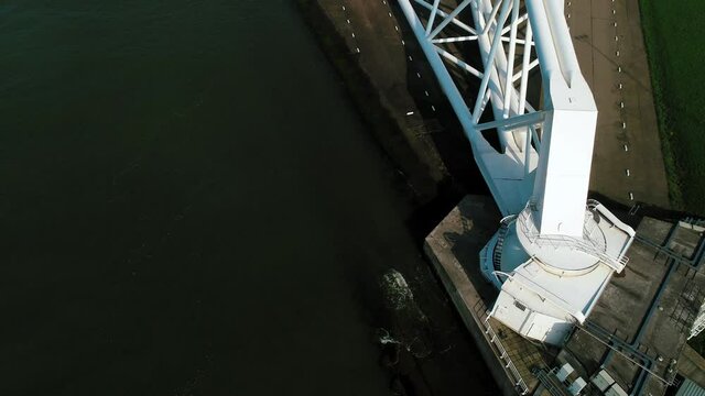 WS AERIAL POV Maeslantkering flood surge barrier, part of Deltawerken / Rotterdam, Zuid-Holland, Netherlands