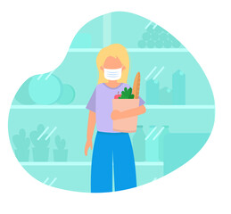 Illustration with woman in mask shopping, buying food
