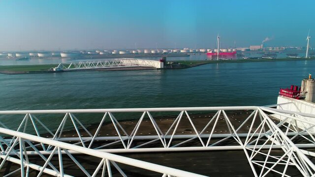 WS AERIAL POV Maeslantkering flood surge barrier, part of Deltawerken / Rotterdam, Zuid-Holland, Netherlands