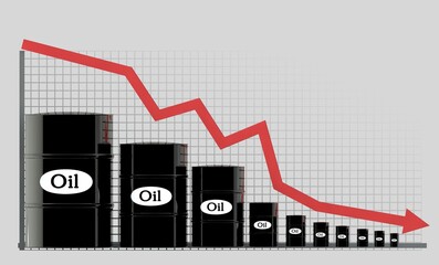 Fototapeta premium oil barrels and a financial chart on white background. price down. business concept. 3d rendering