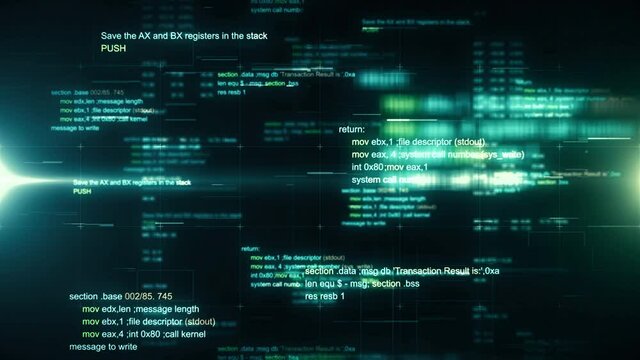 Technology background with abstract digital code motion. Software development process concept in a cyberspace. Seamless loop.