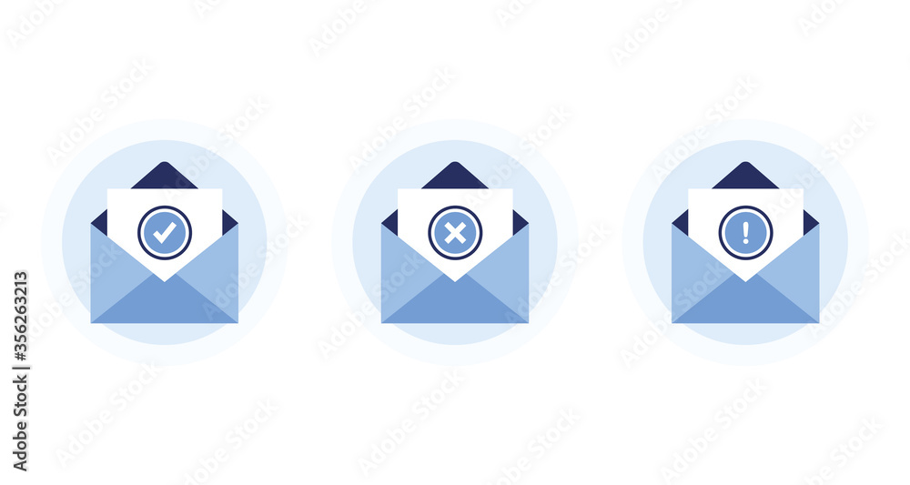 Poster set vector illustration letters in open envelopes. receive and send messages. confirmation, error, w