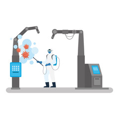Man with protective suit spraying industry machines and truck with covid 19 virus design, Disinfects clean and antibacterial theme Vector illustration