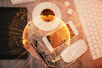 Double exposure of social network theme drawing over table with phone. Top view. People connecting concept.