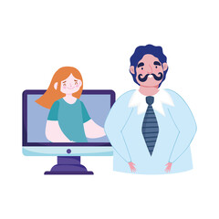 online education teacher and student girl characters video computer