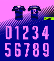 Sport Jersey shirt number/ Uniform numbers in pink with a navy blue  on backgrounds for American football, Baseball and Basketball or soccer for shirt