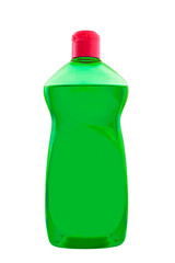 plastic transparent bottle with cleaner liquid soap in green with red cap, un label chemical household mock up isolated on white background clipping path.