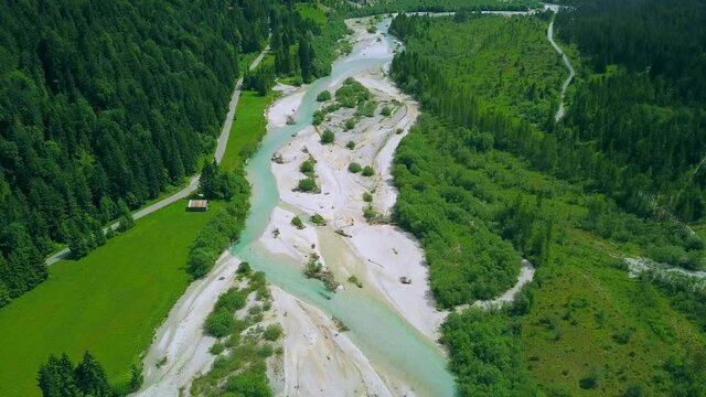 AERIAL WS Landscape of Isar Valley amd river near Vorderriss, Isarwinkel / Upper Bavaria, Germany