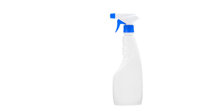 white spray plastic bottle with blue spray nozzle, cleaner for household frill un label object isolated mock up on white background with copy space.