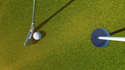 golf club and golf ball on grass. Sunny day. 3d rendering