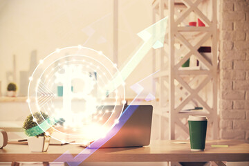 Double exposure of crypto technology theme drawing and office interior background. Concept of...
