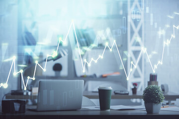 Double exposure of stock market graph drawing and office interior background. Concept of financial analysis.