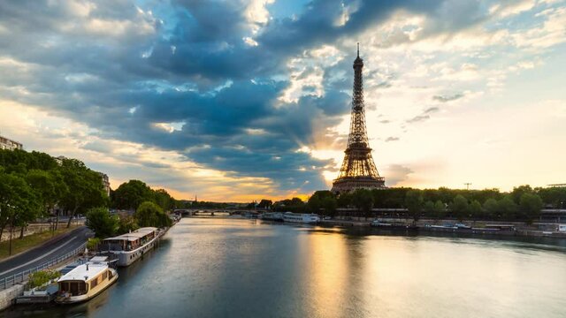  Eiffel Tower and reflections on Seine River at dawn