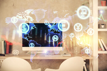 Multi exposure of stock market chart drawing and office interior background. Concept of financial analysis.