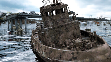 Fototapeta na wymiar Apocalypse sea view. Destroyed bridge. Armageddon concept. 3d rendering.