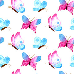Watercolor romantic seamless pattern of color butterflies. Collection of isolated hand drawn insects. For print cards, fashion, linens, fabric, dress, clothes, textile, invitation, wallpapers, banners
