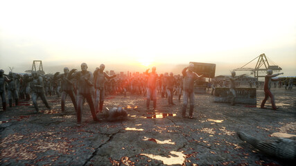 horror zombie crowd walking. Apocalypse view, concept. 3d rendering. - obrazy, fototapety, plakaty