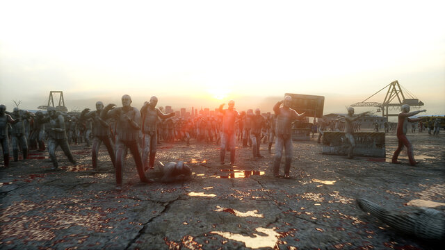 horror zombie crowd walking. Apocalypse view, concept. 3d rendering.