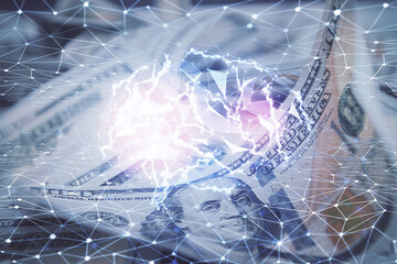 Double exposure of brain drawing over us dollars bill background. Technology concept.