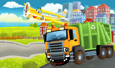 Naklejka premium cartoon happy scene with different vehicles and dumper car illustration