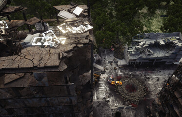 Fototapeta na wymiar Apocalypse city in fog. Aerial View of the destroyed city. Apocalypse concept. 3d rendering.