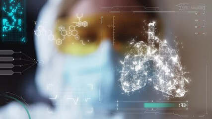 Doctor analyses patient lungs and health indicators using augmented reality holographic display interacting with a virtual interface. Concept of future digital technology. Medical mask, coronavirus - Powered by Adobe