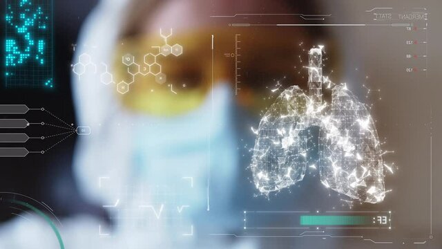Doctor analyses patient lungs and health indicators using augmented reality holographic display interacting with a virtual interface. Concept of future digital technology. Medical mask, coronavirus