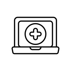 laptop computer and medical cross icon, line style