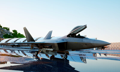 Fototapeta na wymiar f 22 raptor, military fighter jet. military base. sunset. 3d rendering.