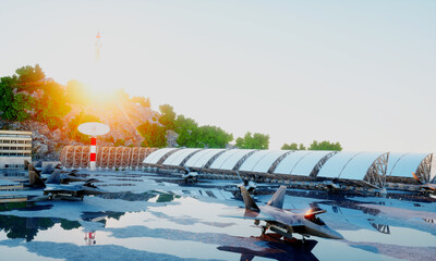 f 22 raptor, military fighter jet. military base. sunset. 3d rendering.