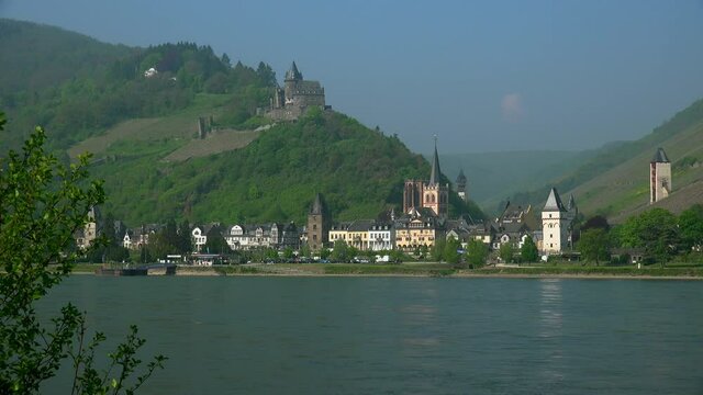 WS Landscape with castle and town over river at Rhine Valley / Bacharach, Rhineland-Palatinate, Germany