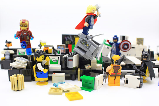 HONG KONG,MARCH 22: Studio shot of Lego people battle war in company, combine from different set. Legos are a popular line of plastic construction toys manufactured by The Lego Group in Denmark
