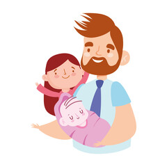 young dad with baby and daughter characters, family day