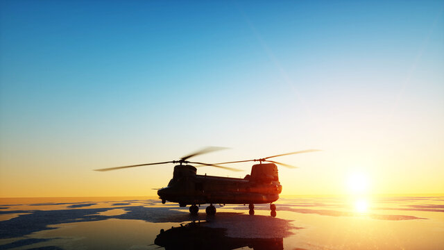Military helicopter chinook, wonderfull sunset. 3d rendering.