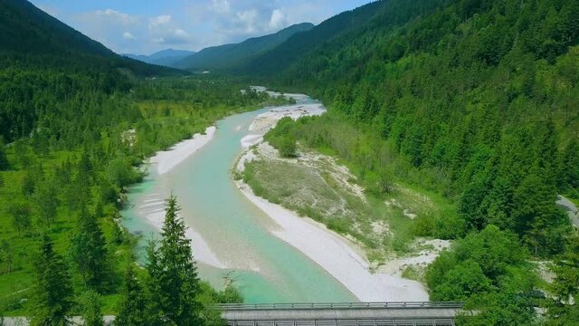 AERIAL WS Landscape of Isar Valley amd river near Vorderriss, Isarwinkel / Upper Bavaria, Germany