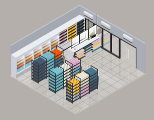 Isometric vector illustration of a new normal mini market. It have a transparent protection layer at cashier. And a hand sanitizer.