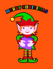 merry christmas vector card with an elf holding a gift