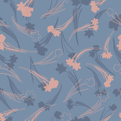 Pink daffodils on blue background seamless pattern