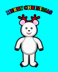 merry christmas card with cartoon style polar bear wearing reindeer antlers