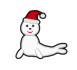 happy seal with santa claus hat isolated on white