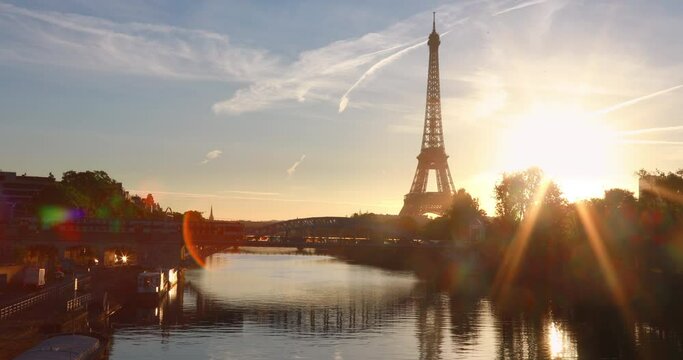 Architecture or Paris with Eiffel Tower and Pont Rouelle at sunrise