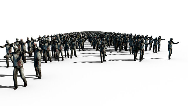 A large crowd of zombies. Apocalypse, halloween concept. isolate on white. 3d rendering.
