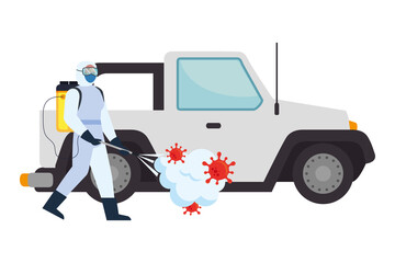 Man with protective suit spraying car with covid 19 virus design, Disinfects clean and antibacterial theme Vector illustration