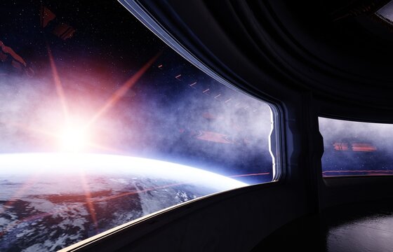 Spaceship room, corridor. Futuristic view of the earth. 3d rendering.