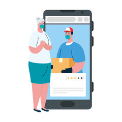 woman client and man with mask and box on smartphone design, Safe delivery logistics and transportation theme Vector illustration